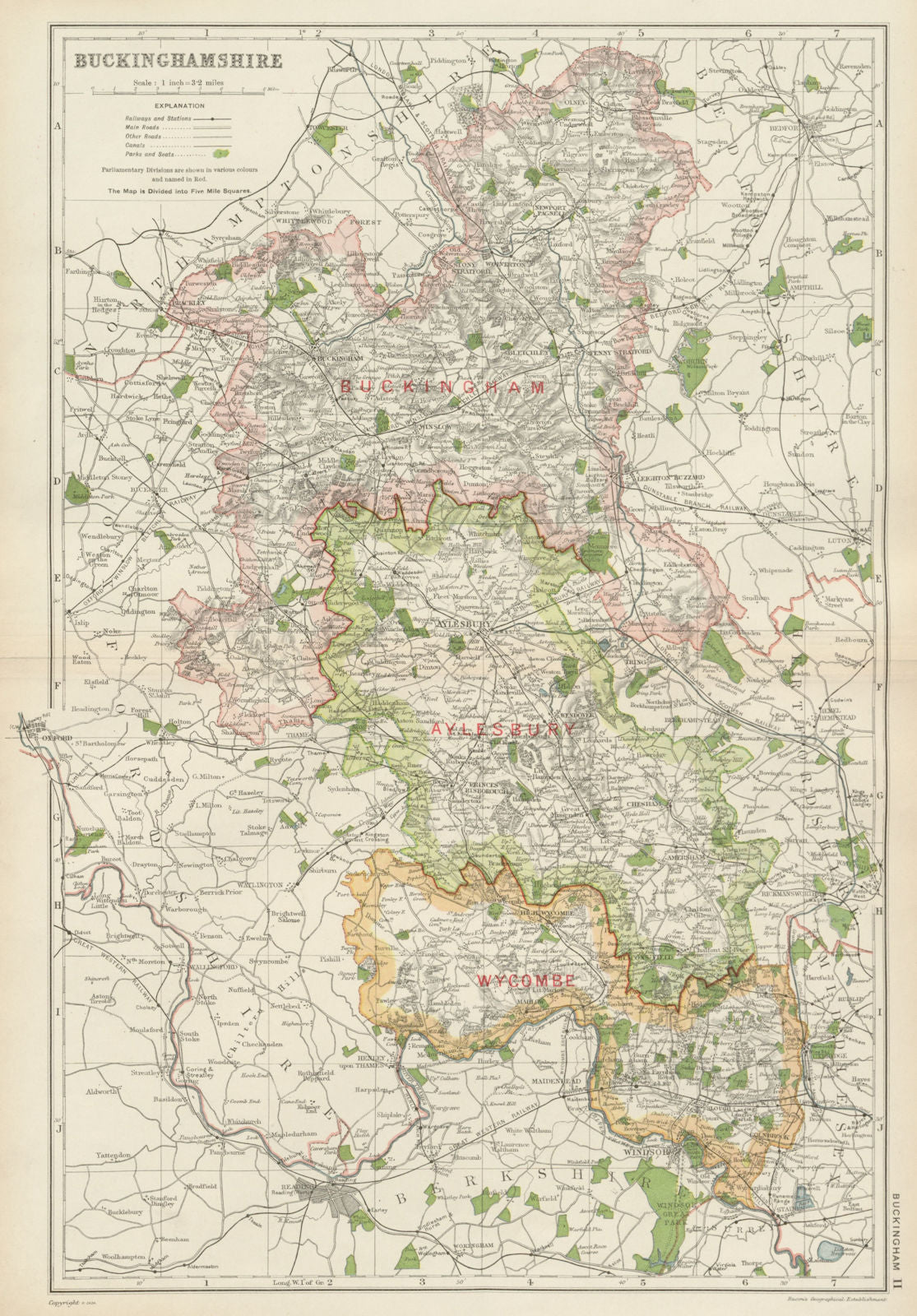 BUCKINGHAMSHIRE. Showing Parliamentary divisions,boroughs & parks.BACON 1934 map